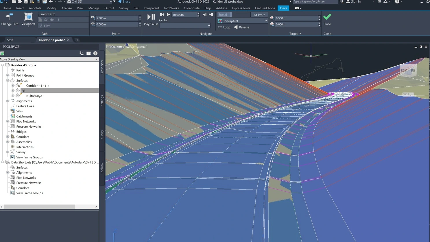 Corridor 3d view - road design - cut/fill